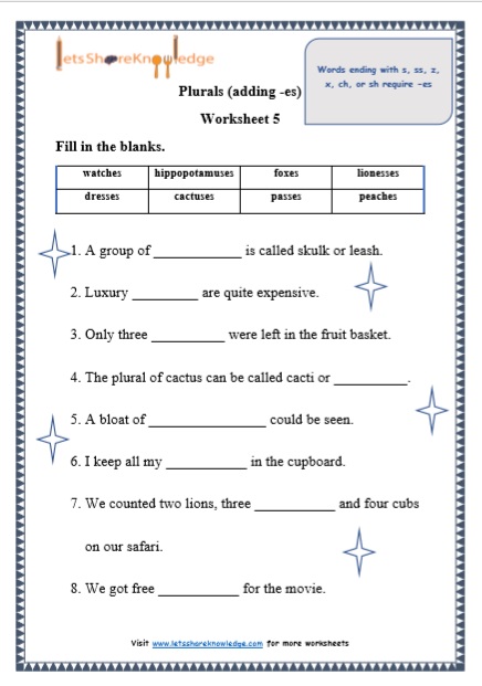 Grade 1 Plurals adding -es) grammar printable worksheet