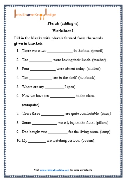 Grade 1 Plurals (adding -s) grammar printable worksheet