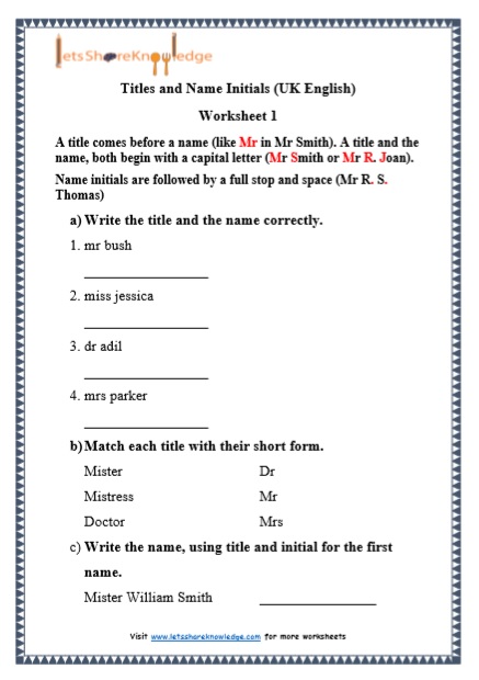 grade 1 grammar titles and name initials printable worksheets lets share knowledge