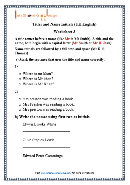 Grade 1 Titles and Name Initials grammar printable worksheet