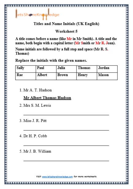 Grade 1 Titles and Name Initials grammar printable worksheet