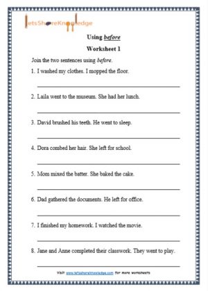 grade 1 using before grammar printable worksheet