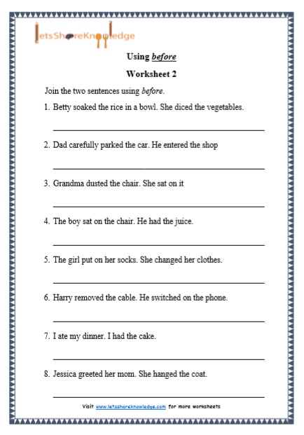 Grade 1 Using before grammar printable worksheet