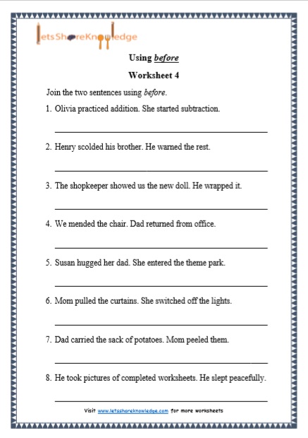 Grade 1 Using before grammar printable worksheet