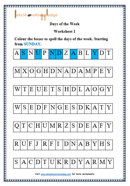 grade 1 Days of the Week grammar printable worksheet