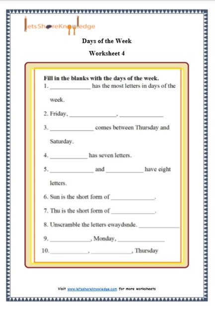 Grade 1 Days of the Week grammar printable worksheet
