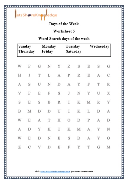 Grade 1 Days of the Week grammar printable worksheet