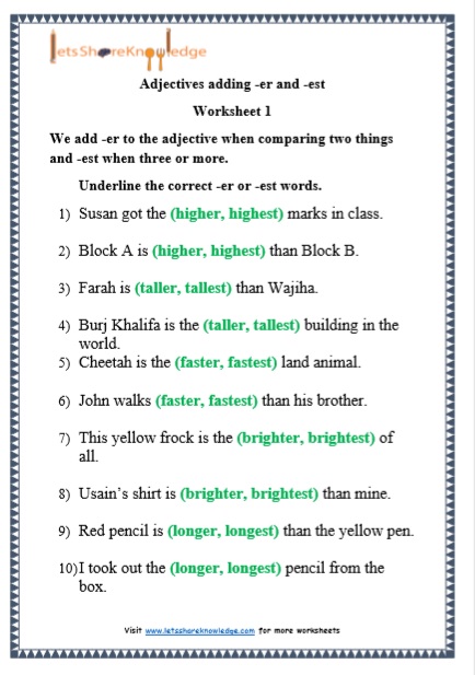 Grade 1 Adjectives adding -er and -est grammar printable worksheet
