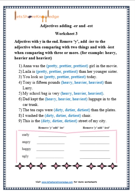 Grade 1 Adjectives adding -er and -est grammar printable worksheet