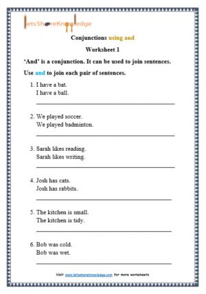 grade 1 conjunctions using and grammar printable worksheet