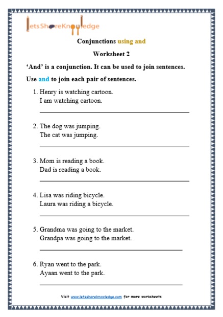Grade 1 Conjunctions using ‘and’ grammar printable worksheet