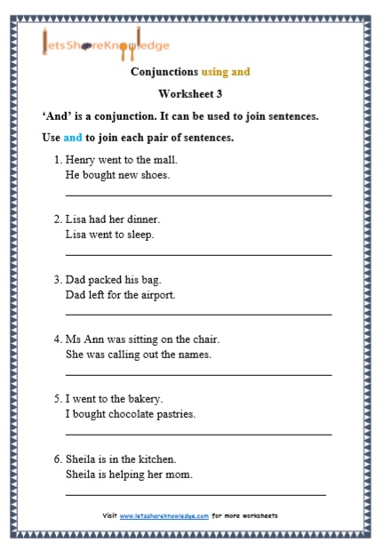 Grade 1 Grammar: Conjunctions using 'and' printable worksheets - Lets ...
