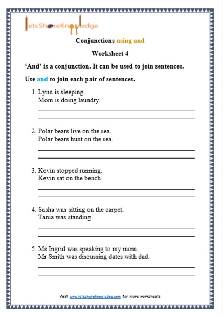 Grade 1 Grammar Conjunctions Using and Printable Worksheets Lets 