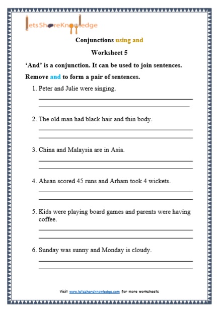 grade 1 grammar conjunctions using and printable worksheets lets share knowledge