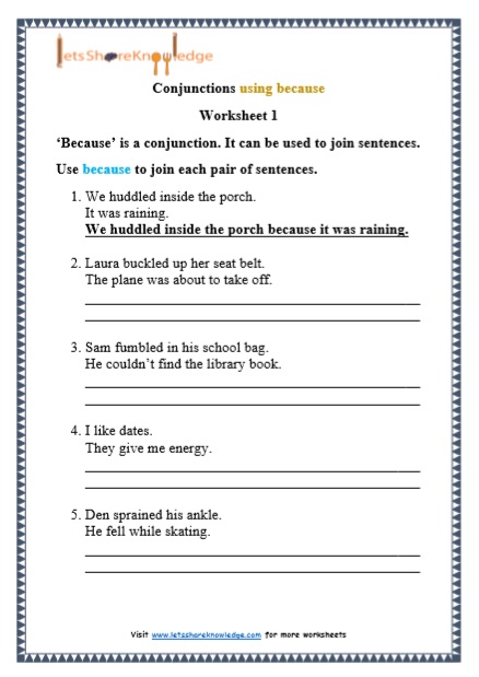 Grade 1 Conjunctions using ‘because’ grammar printable worksheet