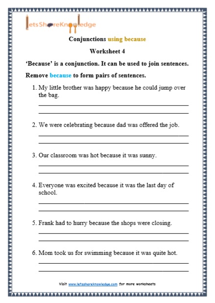 grade 1 grammar conjunctions using because printable worksheets lets share knowledge