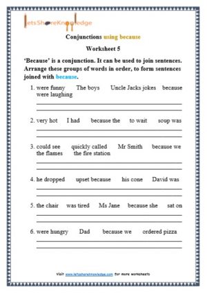 grade 1 conjunctions using because grammar printable worksheet