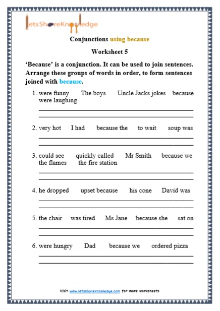 grade 1 grammar conjunctions using because printable worksheets lets share knowledge