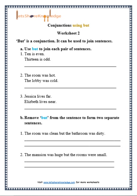 Grade 1 Conjunctions using ‘but’ grammar printable worksheet