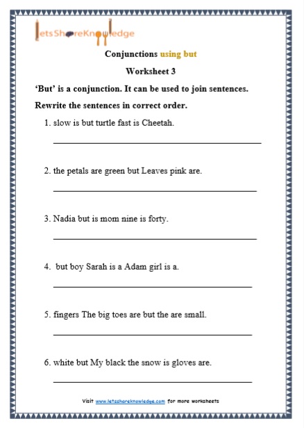 Grade 1 Conjunctions using ‘but’ grammar printable worksheet