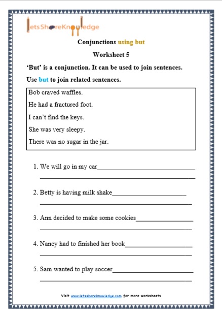 grade 1 conjunctions using but grammar printable worksheet
