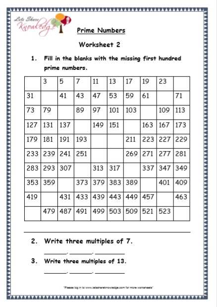 Grade 5 Prime Numbers maths printable worksheet