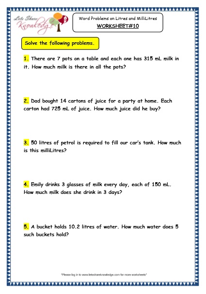 grade 3 maths worksheets 13 6 measurement of capacity word problems on litres and millilitres lets share knowledge