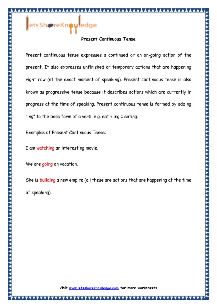  Present Continuous Tenses Printable Worksheets