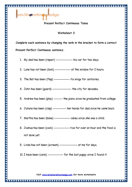  Present Perfect Continuous Tenses Printable Worksheets Worksheets