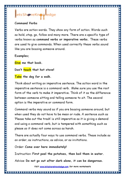 grade 4 english resources printable worksheets topic command verbs lets share knowledge