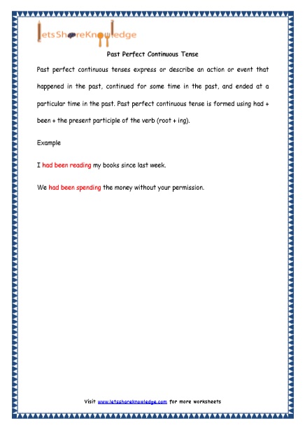  Past Perfect Continuous Tenses Printable Worksheets