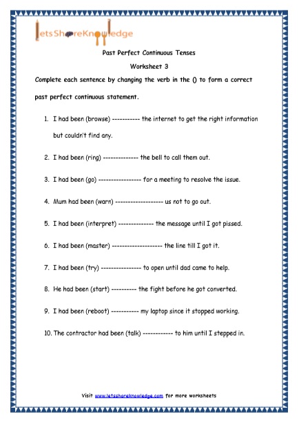  Past Perfect Continuous Tenses Printable Worksheets Worksheets