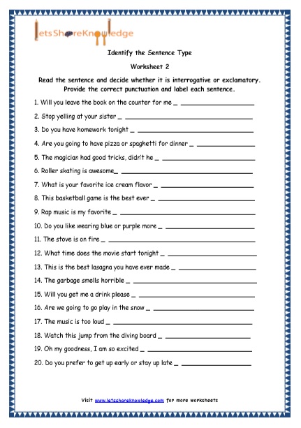  4 Types of Sentences Printable Worksheets 