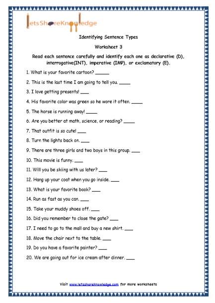  4 Types of Sentences Printable Worksheets Worksheets