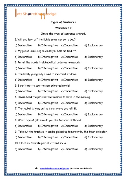 Types Of Sentences In English Grammar Worksheets Worksheets For 