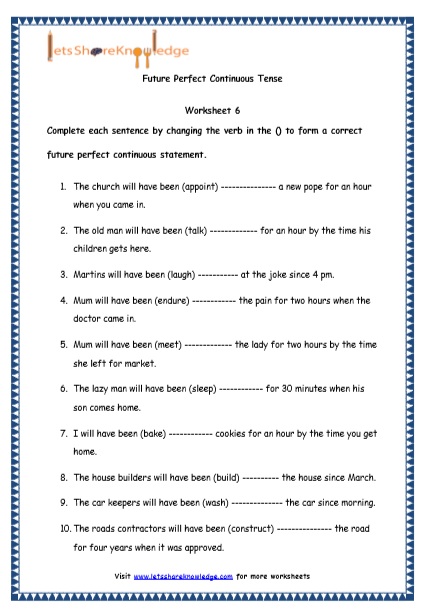 grade 4 english resources printable worksheets topic future perfect continuous tenses lets share knowledge