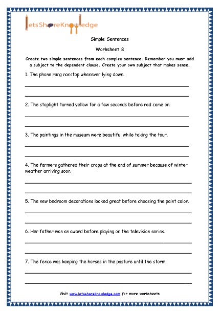 Grade 4 English Resources Printable Worksheets Topic: Simple, Compound ...