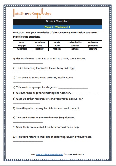 Grade 7 Vocabulary Worksheets Week 1 worksheet 1