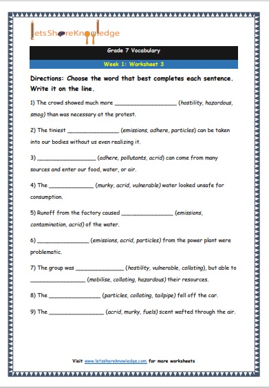  Grade 7 Vocabulary Worksheets Week 1 worksheet 3