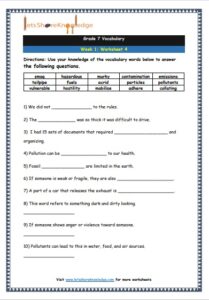 Grade 7: Vocabulary Worksheets Week 1 – Lets Share Knowledge