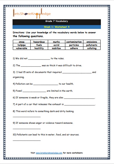  Grade 7 Vocabulary Worksheets Week 1 worksheet 4