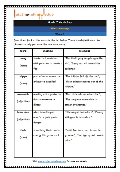 Grade 7 Vocabulary Worksheets Week 1 meanings