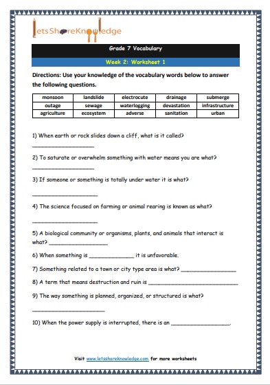 Grade 7 Vocabulary Worksheets Week 2 worksheet 1