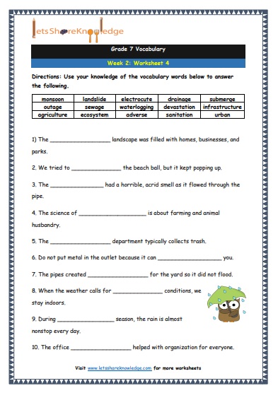 grade 7 vocabulary week 2 printable worksheet 4