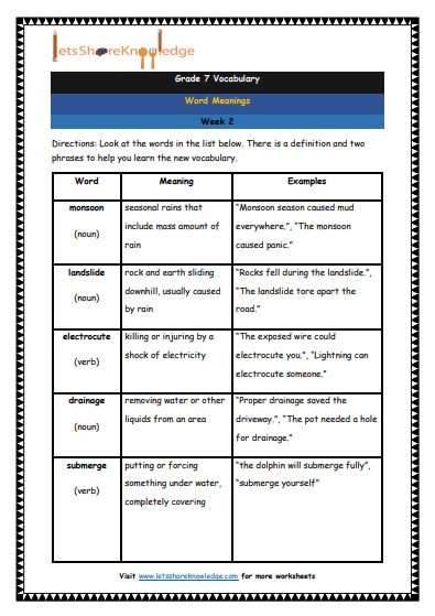 Grade 7 Vocabulary Worksheets Week 2 meanings