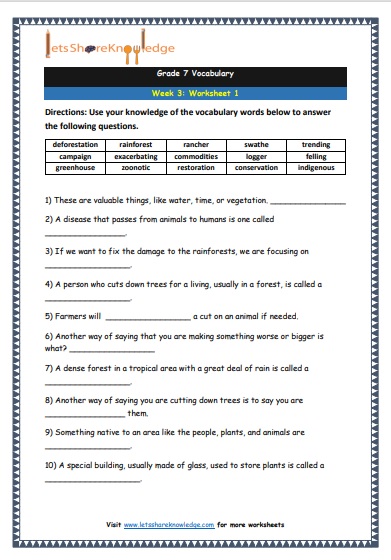 Grade 7 Vocabulary Worksheets Week 3 worksheet 1