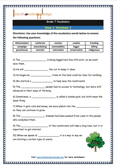 Grade 7 Vocabulary Worksheets Week 3 worksheet 2