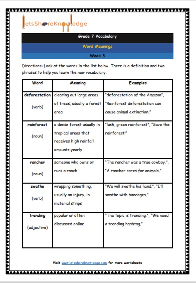 Grade 7 Vocabulary Worksheets Week 3 meanings