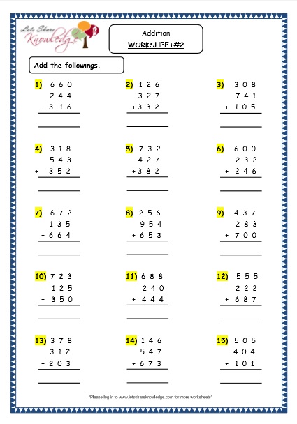  Addition of 3 digit numbers with more than 2 addends Printable Worksheets 