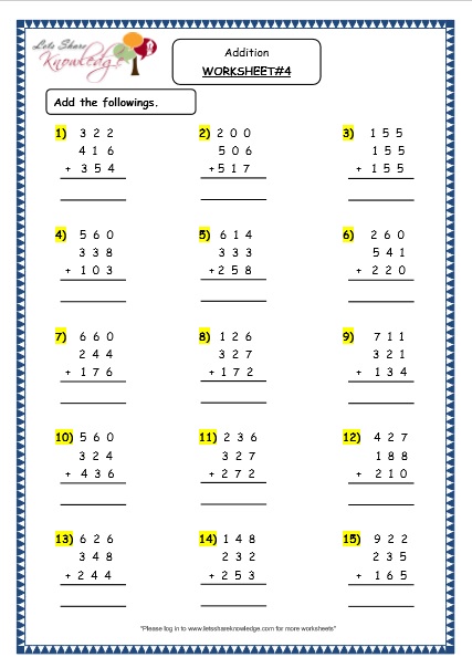 Addition of 3 digit numbers with more than 2 addends grade 4 maths resources printable worksheets topic